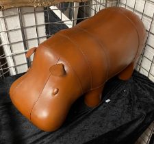 TAN LEATHER HIPPO STOOL - APPROX 38 CMS H