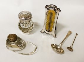 COLLECTION OF SILVER TO INCLUDE, BAROMETER, INKWELLS ETC