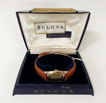 BULOVA GOLD PLATED WATCH WITH LEATHER STRAP IN ORIGINAL BOX
