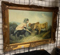GILT FRAMED OIL ON CANVAS - GIRL WITH CATTLE - 49.5 X 75 CMS APPROX