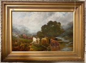 WILLIAM H WATSON OIL ON CANVAS ''HIGHLAND CATTLE IN SCOTTISH HIGHLANDS'' SIGNED 40CM X 60CM