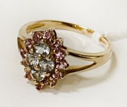 YELLOW GOLD, PINK SAPPHIRE & AQUAMARINE RING - SIZE O