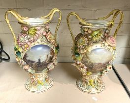 PAIR OF CONTINENTAL HAND PAINTED VASES - 37 CMS (H) APPROX