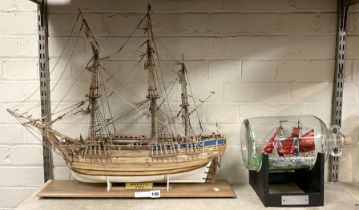 WOODEN MODEL OF HMS BOUNTY WITH SHIP IN BOTTLE