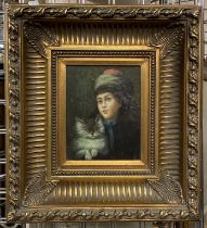 GILT FRAMED OIL ON BOARD - RUSSIAN SCHOOL- YOUNG LADY WITH CAT - APPROX 23.5 CMS H X 18.5 CMS W (