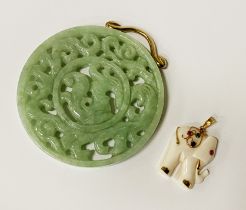 JADE PENDANT WITH 9CT TOP WITH A 14CT ELEPHANT MULTI GEMSTONE PENDANT