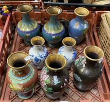 TRAY OF CLOISONNE VASES