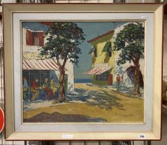 OIL ON CANVAS - COASTAL CAFE SCENE SIGNED - CHANDOS - 49.5 X 59.5 CMS APPROX