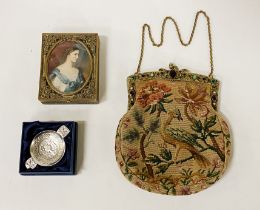 LADIES TAPESTRY ORNITHOLOGICAL EVENING BAG WITH A MINIATURE BOX & A METAL QUACH