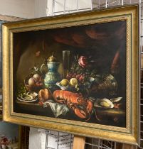 STILL LIFE GILT FRAMED OIL ON CANVAS DEPICTING A BANQUET BY RIMA RRSM - 47CMS (H) X 65CMS (W) APPROX
