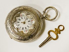 MINT DECORATIVE OPEN FACE LADIES SILVER FOB WITH ENAMEL DETAIL