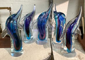 5 ART GLASS DOLPHINS 28.5CMS (H) APPROX