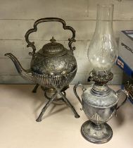 SILVER PLATED SPIRIT KETTLE ON STAND WITH SILVER PLATED OIL LAMP