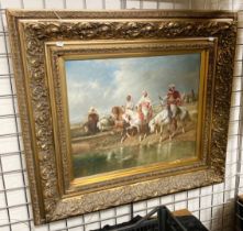 LARGE OIL ON CANVAS IN GILT FRAME - ARAB SCENE - HORSES AT WATER - 49CMS (H) X 59CMS (W) APPROX