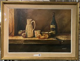 STILL LIFE GILT FRAMED OIL ON CANVAS ''SUPPER TIME'' BY VIN LANTE - 46CMS (H) X 66CMS (W) INNER