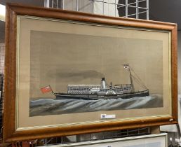 SIGNED WATERCOLOUR BY J CARTER - THE PRINCESS MAY PADDLE STEAMER PAINTED WITH HIS TOES 63CMS X