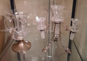 GLASS EPERGNE - 21.5 CMS (H) APPROX WITH GLASS 3 HANDLED VASE WITH SILVER BASE