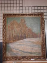 BELA HORTHY HUNGARIAN ARTIST LARGE GILT FRAMED OIL ON CANVAS - ROW OF TREES - SIGNED AND WITH NAME