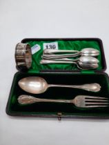 SET OF 6 H/M SILVER TEASPOONS WITH CASED SET SPOON & FORK & A NAPKIN RING