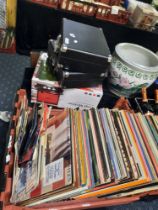 2 RETRO RECORD PLAYERS WITH A COLLECTION OF LPS & SINGLES