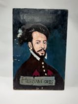 SMALL PAINTING ON BOARD OF HERHAN CORTES 15.5CM X 24XCM