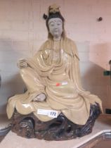 GWAN YIN DEITY (CERAMIC) POSITIAN OF ROYAL EASE IN GREAT CONDITION 45CMNS X 58CMS APPROX