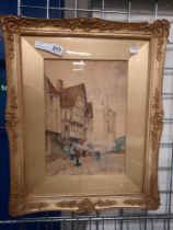 WATERCOLOUR BY PERCY LANCASTER - MONOGRAMMED - STREET MARKET