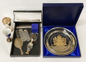 COLLECTION OF INTERESTING ITEMS TO INCLUDE SOME SILVER WITH A COMMEMORATIVE PLATE