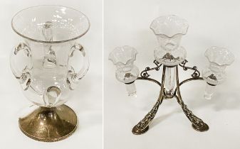 GLASS EPERGNE - 21.5 CMS (H) APPROX WITH GLASS 3 HANDLED VASE WITH SILVER BASE