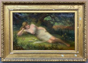 PRE RAPHAELITE NUDE BY A STREAM WITH FLOWERS - OIL ON CANVAS - 19THC - APPROX 26 INCHES X 37 INCHES