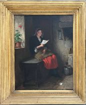 HAYNES KING (1831-1904) OIL ON CANVAS ''YOUNG WOMAN READING A LETTER'' SIGNED 35.5CM X 46CM - ONE