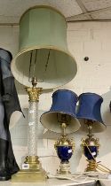GLASS & BRASS TABLE LAMP & SHADE WITH A PAIR OF BLUE CERAMIC TABLE LAMPS