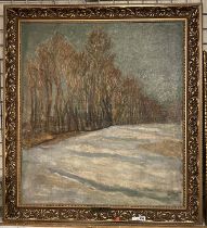 BELA HORTHY HUNGARIAN ARTIST LARGE GILT FRAMED OIL ON CANVAS - ROW OF TREES - SIGNED AND WITH NAME