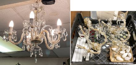 CRYSTAL DROP CHANDELIER & 4 MATCHING WALL LIGHTS