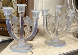 PAIR OF EARLY BLUE VASELINE GLASS CANDLESTICKS - 23.5 CMS (H) APPROX