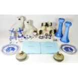 A collection of ceramics, to include Staffordshire dogs, Delftware, glass vases and two Victorian