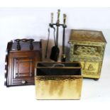 A Victorian mahogany coal scuttle, together with a set of steel & brass fireside irons, an English