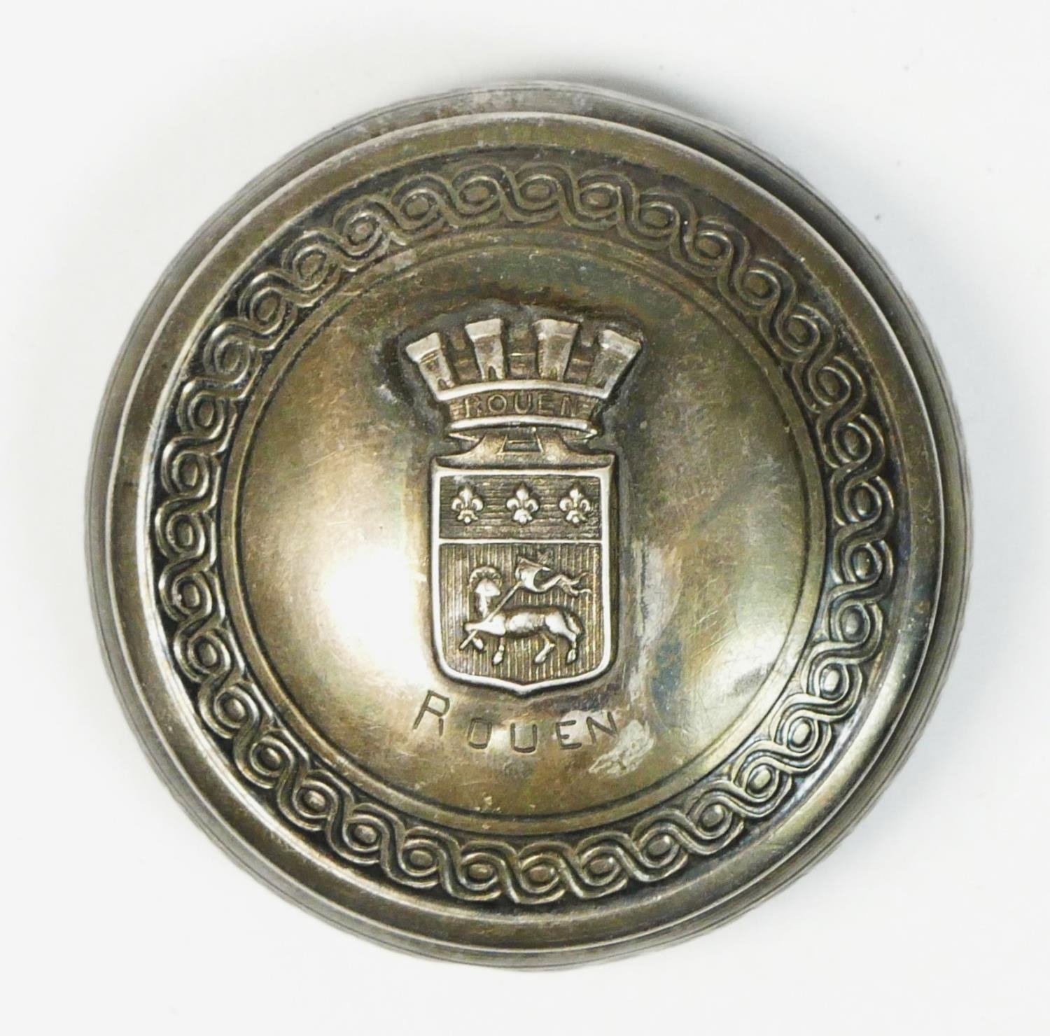 A French silver pill box, Minerva 950 standard, the pull off cover with ROUEN and applied coat of - Image 2 of 5