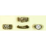 A silver elephant family ring, M and three other silver rings, 21gm