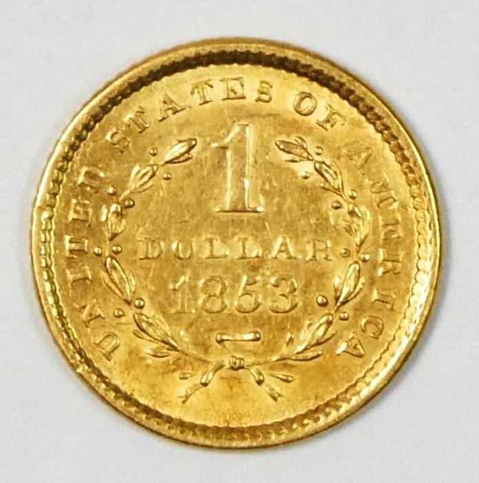 United States of America, 1853 one dollar gold coin, 1.7gm.