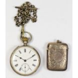 A silver keyless wind open face pocket watch, Swiss hallmarks, a silver watch chain and a silver