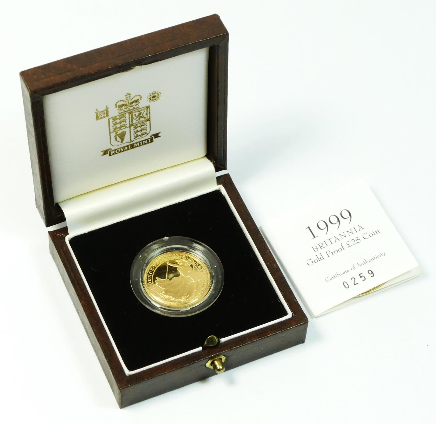 Royal Mint 1999 gold proof 1/4 ounce £25 Britannia coin, case, certificate