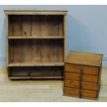 A waxed pine wall shelf unit, 59 x 24 x 65cm, and an Edwardian walnut four drawer cabinet, 31 x 29 x