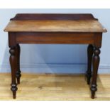 A Victorian mahogany washstand, with raised back panel, on four turn tapering legs, 29 x 48 x 84cm.