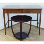 A satinwood hall table, having fruit wood inlay, with braced back, twin drawers, brass handles,