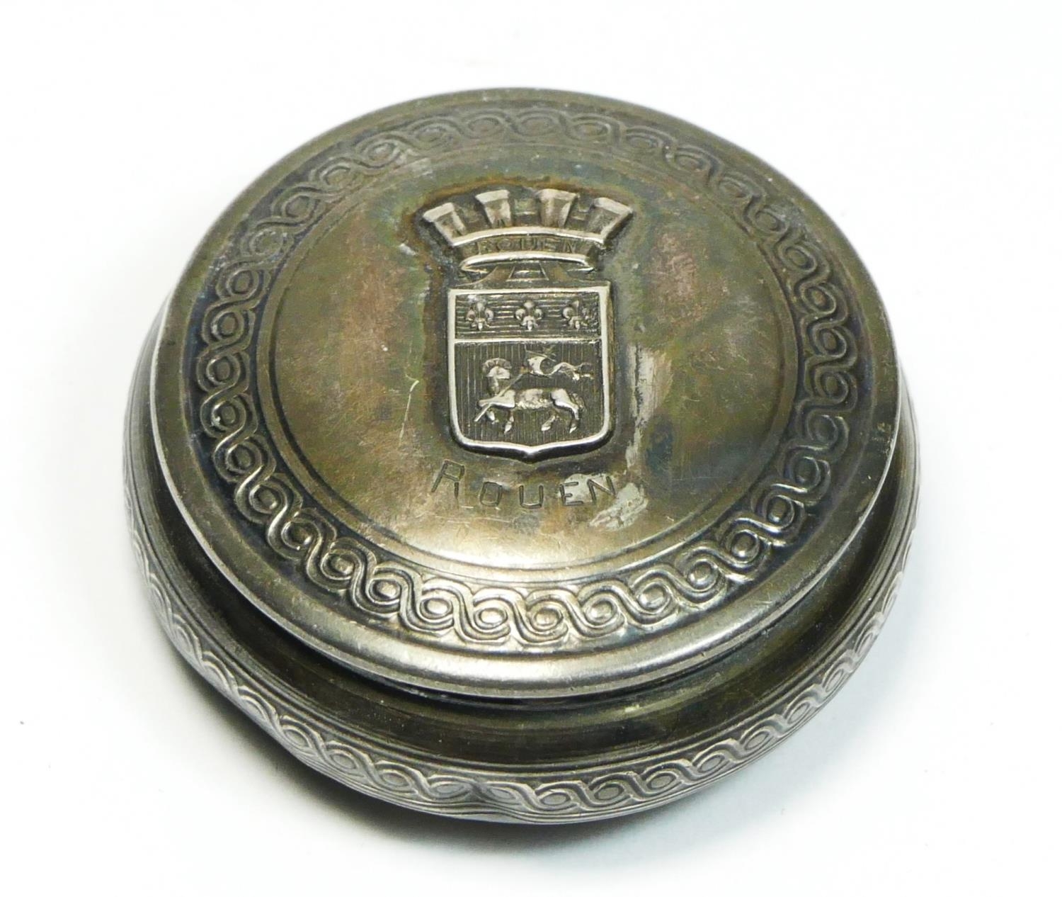 A French silver pill box, Minerva 950 standard, the pull off cover with ROUEN and applied coat of