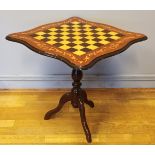 An Italian Sorrento games table, scalloped edge top with inlaid floral decoration, raised on