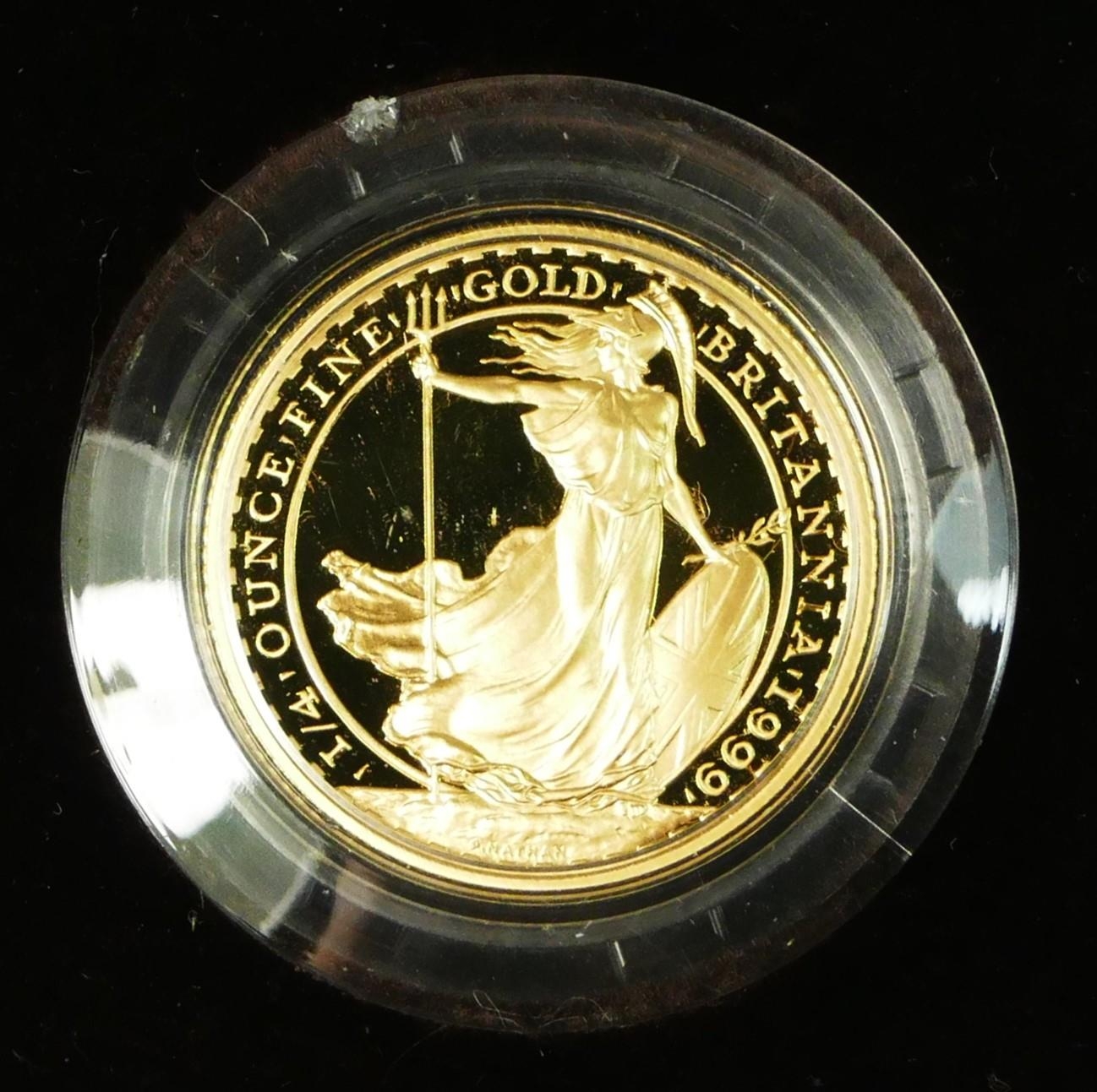 Royal Mint 1999 gold proof 1/4 ounce £25 Britannia coin, case, certificate - Image 2 of 3