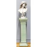 A Victorian style resin bust of a Art Nouveau lady raised on a pottery green glazed column, 127cm.