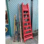 Two sets of painted wooden ladder, c.1950s, together with garden tools such as forks, a spade and